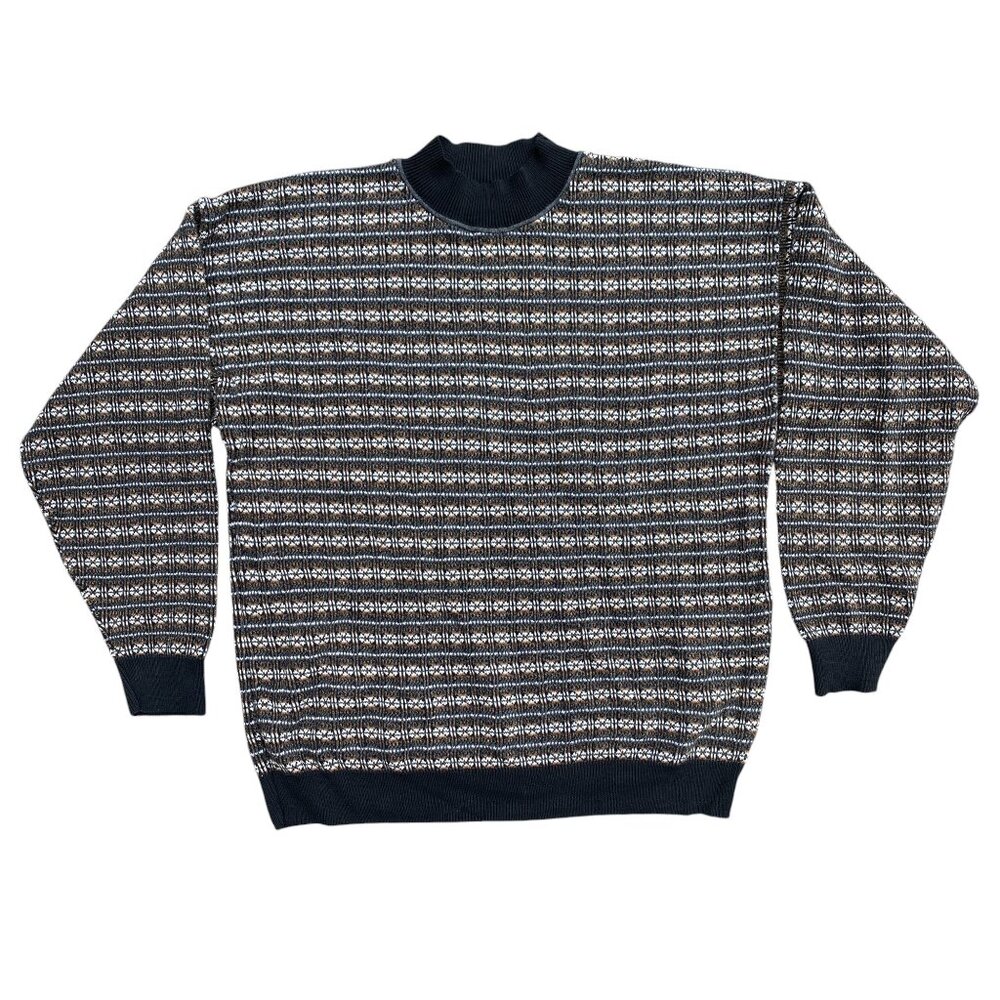 Vintage 90s Fair Isle Striped Sweater Sz L USA Made Mock Neck Indie Grunge